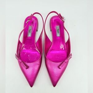 Prada Fuschia Pink Saffiano Leather Bow logo embellished  slingback ballet flats